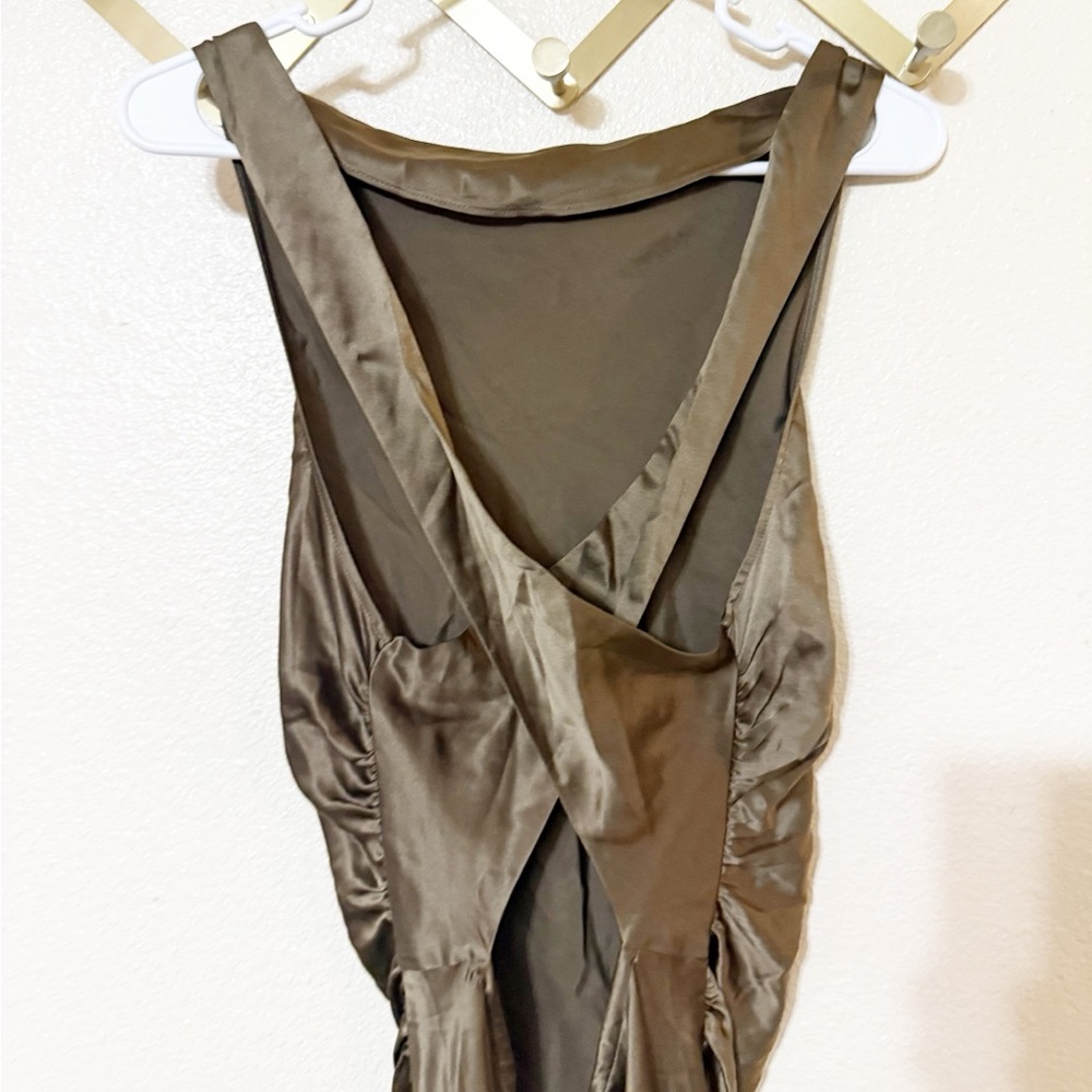 NWT Reformation Anaiis Morel Brown 100% Silk High Neck Open Back Maxi Dress Gown - Picture 10 of 15